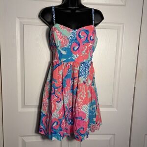 Lily Pulitzer Christine Dress Women 2 Colorful Sleeveless Smocked Padded Pockets